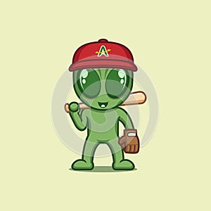 cute alien playing baseball