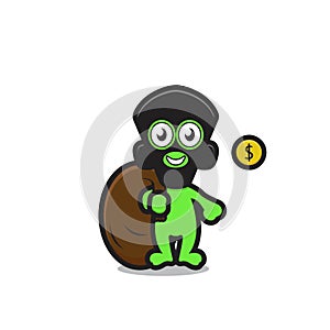 cute alien robber character steal money