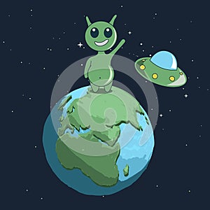Cute alien stand on Earth and welcomes us