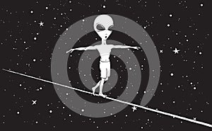Cute alien walks on a tighrope in space