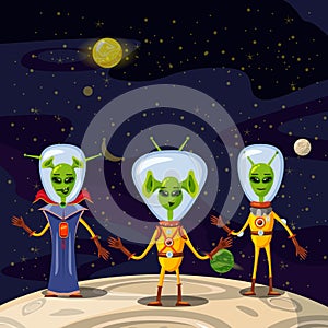 Cute Aliens In Space Suits, Spaceship Crew Cartoon Characters In space, vector, isolated