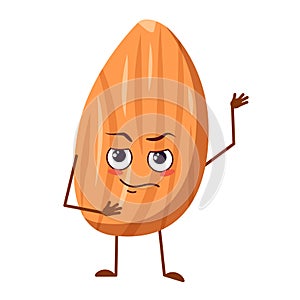 Cute almond characters with emotions, face, arms and legs. The funny or proud, domineering hero, nut with eyes photo