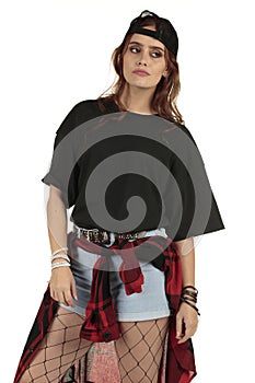 Cute but aloof grunge, rock punk woman wearing a cropped XL black tee with a large area for your branding
