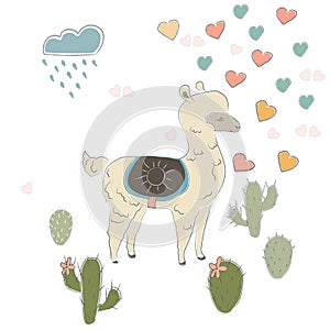 Cute Alpaca with cacti, clous and hearts. Vector Illustration