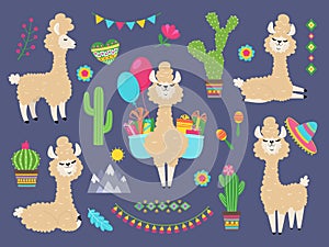Cute alpaca. Funny cartoon llama, peru baby lamas and cacti flowers. Wild alpacas animals characters photo