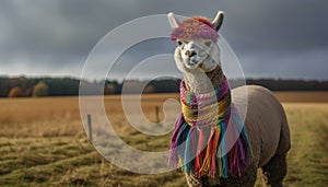 Cute alpaca grazing in a colorful meadow, looking at camera generated by AI