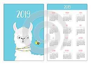 Cute alpaca llama looking at bee. Simple pocket calendar layout 2019 new year. Week starts Sunday. Vertical orientation. Cartoon