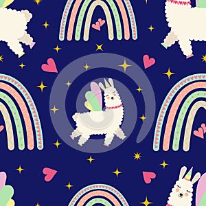 Cute alpaca unicorn with boho rainbow in the night sky vector seamless pattern.