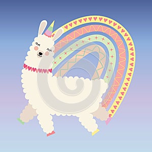 Cute alpaca unicorn with boho rainbow in the sky. Cartoon llama with horn and wings, vector illustration.