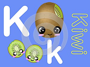 Cute alphabet letter K is for Kiwi  in fruits and veggies flashcard collection for preschool kid learning English vocabulary