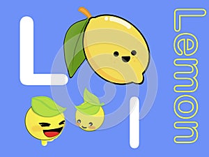 Cute alphabet letter L is for Lemon in fruits and veggies flashcard collection for preschool kid learning English vocabulary