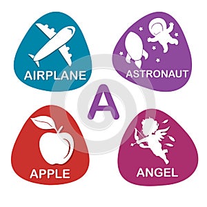 Cute alphabet in vector. A letter for Airplane, Astronaut, Apple, Angel.
