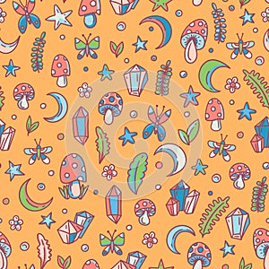 Cute amanita mushroom, magic crystal, butterflies seamless pattern