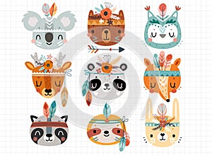 Cute American Indian animals - rabbit, deer, koala, fox, bear, panda, raccoon, owl, sloth Childish characters for your design