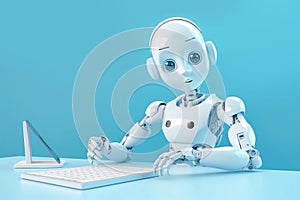 Cute android robot sitting at desk with tablet. Concept for creative writing of artificial intelligence