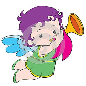 Cute angel blowing trumpet, isolated object on white background, cartoon illustration, vector