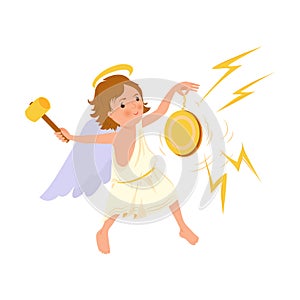 Cute angel boy play at gold musical instrument