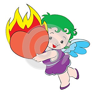 Cute angel with burning heart in his hands, isolated object on white background, cartoon illustration, vector