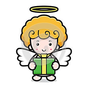 cute angel cartoon character holding box gift