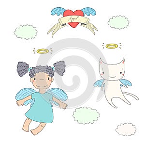 Cute angel and cat illustration