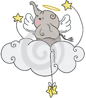 Cute angel elephant flying on cloud with stars