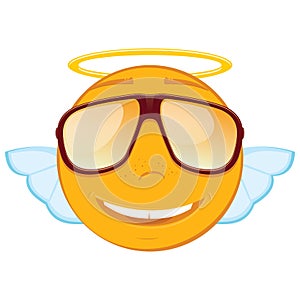 Cute angel emoticon in a sunglasses on white background.