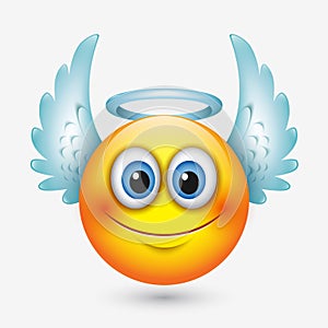 Cute angel emoticon with wings, emoji, smiley - vector illustration