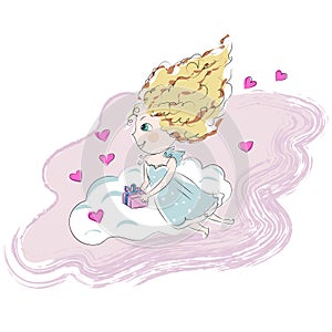 Cute angel girl on a pink cloud with little