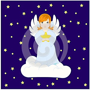 Cute angel girl with wings on a cloud with a star in her hands on a background of the night sky