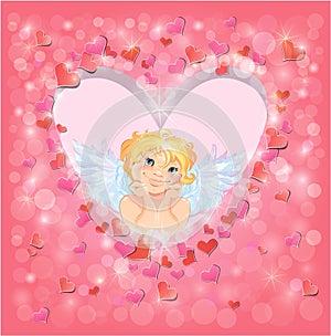 Cute angel in the heart shape frame edged of red paper photo