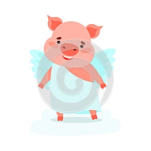 Cute angel piglet stands in a blue dress with wings. Vector illustration isolated on white background