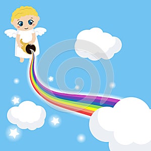 Cute angel in the sky with rainbow