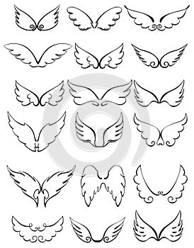 Cute angel wings. Cartoon angels wing set isolated on white background