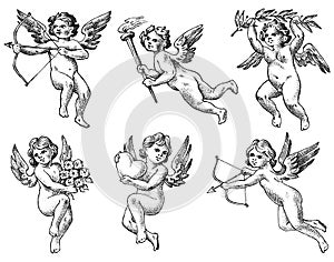 Cute angels with arrows and bow. Small aesthetic Cupids with wings fly with hearts and flowers in the sky. Set of