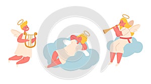 Cute Angels Characters On Clouds, Cherubic And Pure Little Messengers With Harp And Trumpet, Vector Illustration