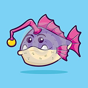 Cute angler fish cartoon vector illustration. sea animal concept