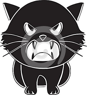 Cute angry black cat hissing. Furious black kitten with open mouth showing sharp teeth