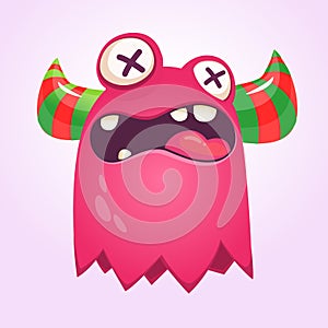 Cute angry cartoon monster with horns. Illustration of funny pink monster with big mouth. Halloween vector illustration.