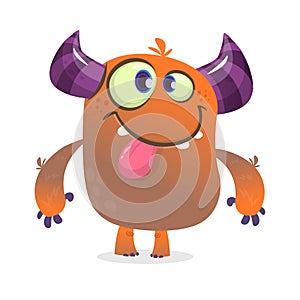 Cute angry cartoon monster. Vector furry orange monster character showing tongue and grimasing