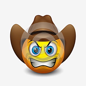 Cute angry cowboy emoticon, emoji - vector illustration