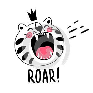 Cute angry king tiger character roaring with open mouth vector childish t shirt print