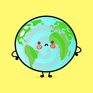 Cute angry planet Earth character. Vector hand drawn cartoon kawaii character illustration icon. Isolated on yellow