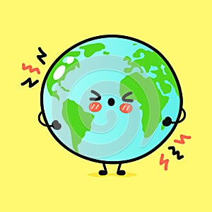 Cute angry planet Earth character. Vector hand drawn cartoon kawaii character illustration icon. Isolated on yellow