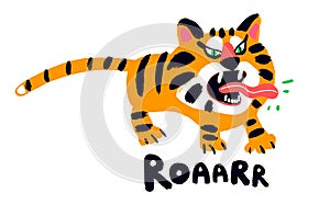 Cute and angry tiger cube vector illustration. Roar. Hand drawn cute print for posters, cards, t-shirts.
