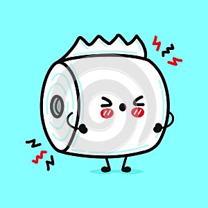 Cute angry toilet paper character. Vector hand drawn cartoon kawaii character illustration icon. Isolated on blue