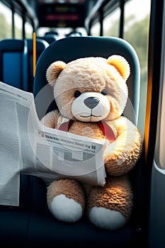 Cute Angry white teddy bear reading newspaper in the bus. Generative AI