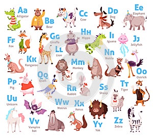 Cute animal alphabet. Color kids zoological font, letters and corresponding animals. Wildlife mammals and birds