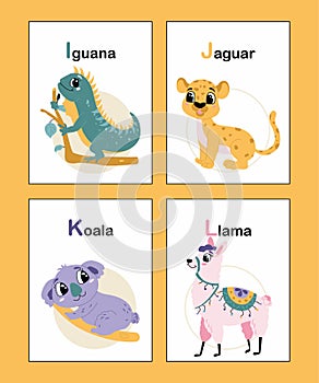 Cute animal alphabet from I to L. Iguana, Jaguar, Koala, Llama.