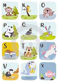 Cute Animal alphabet Vector illustration. Alphabet printable flashcards vector collection with letter m to x.