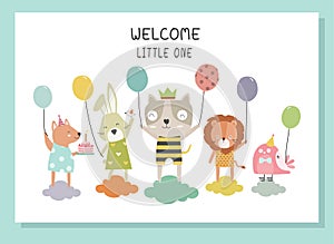 Cute animal with balloon design.Happy birthday, holiday, baby shower celebration greeting and invitation card .Vector illustration